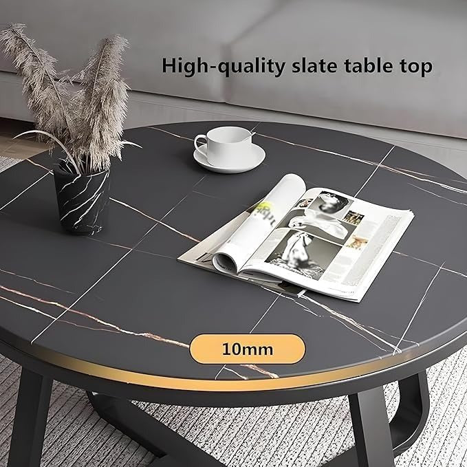 Modern Round Coffee Table with Black Faux Marble Top & Gold Metal Frame – Luxury Living Room Center Table