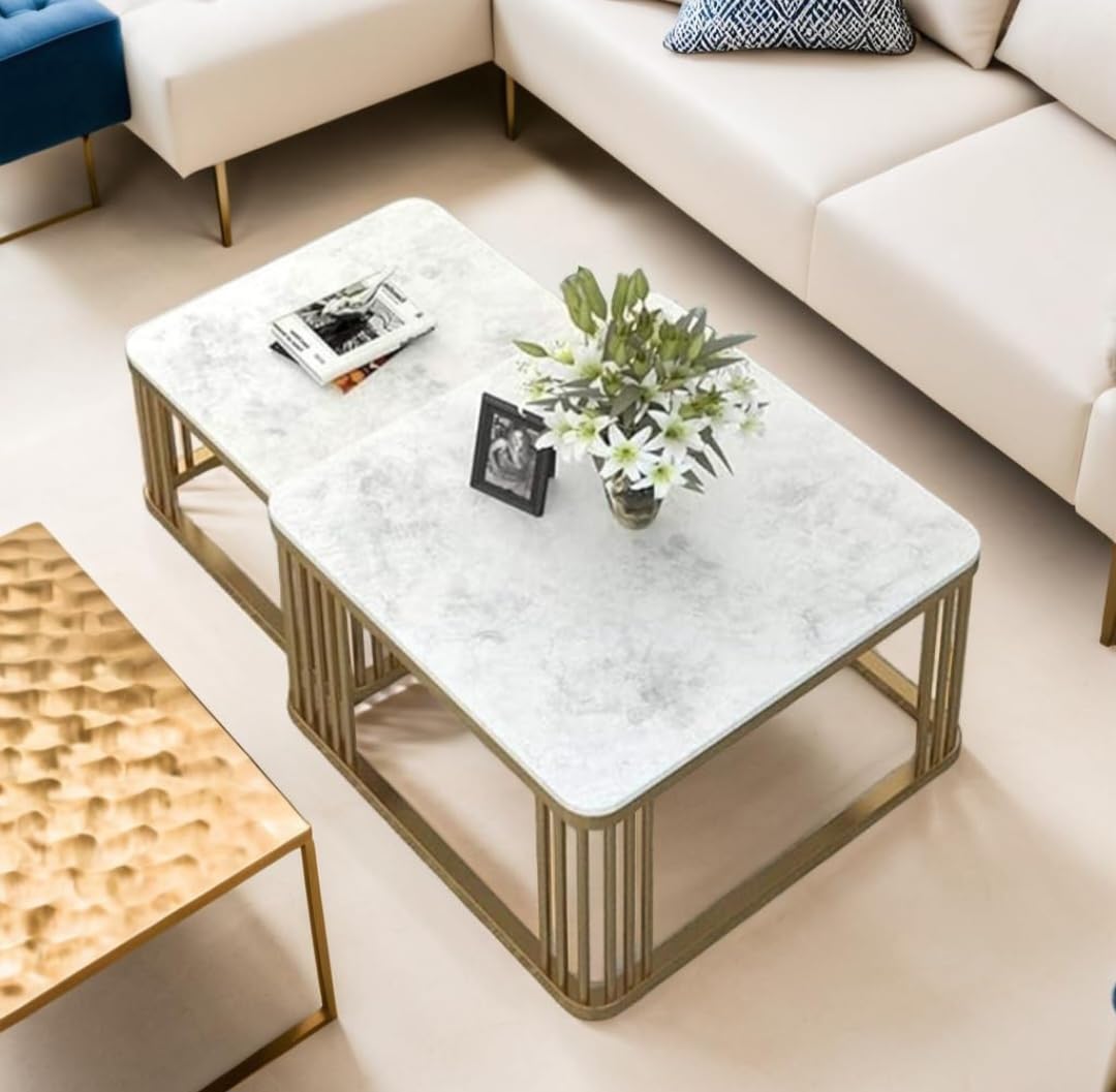 Modern Nesting Coffee Table Set of 2 with White Faux Marble Top & Gold Metal Frame | Square Center Tables for Living Room, Lounge & Office