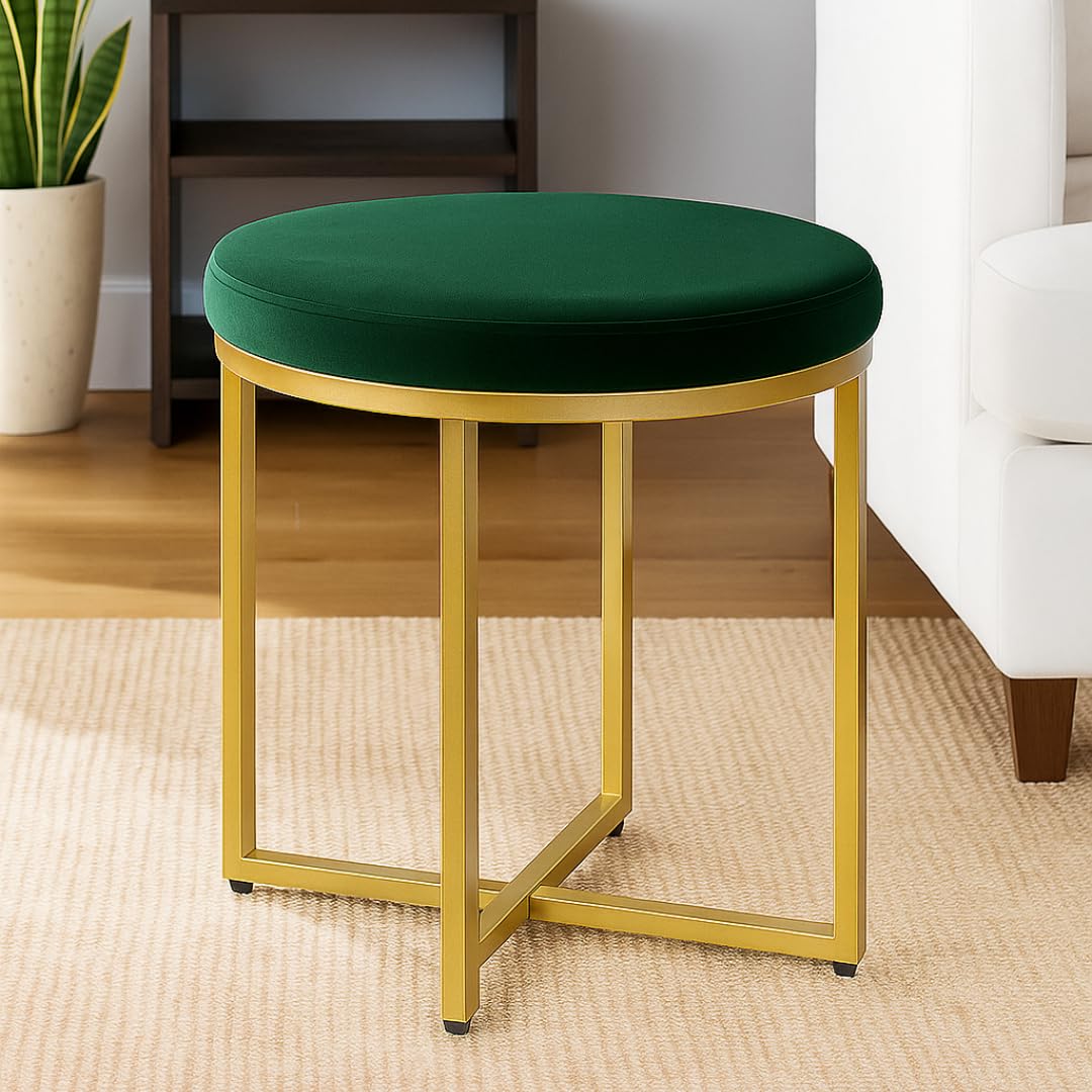 Velvet Round Ottoman Stool with Gold Metal Base | Modern Accent Seating for Living Room & Bedroom