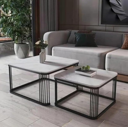 Modern Nesting Coffee Table Set of 2 with White Faux Marble Top & Gold Metal Frame | Square Center Tables for Living Room, Lounge & Office