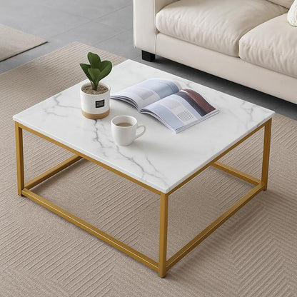 Modern Square Marble Coffee Table with Sturdy Metal Frame – Contemporary Living Room Center Table for Sofa, Couch & Lounge – Elegant White Faux Marble Top, Easy to Clean (Golden & White)