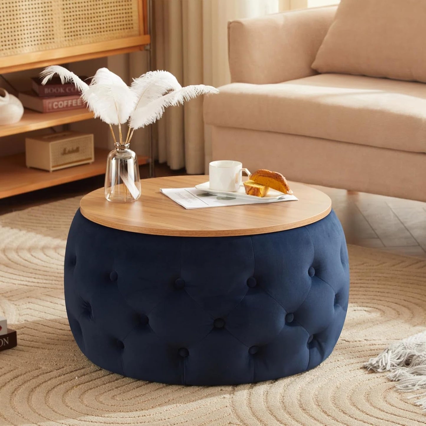 Premium Tufted Round Ottoman Coffee Table with Wooden Top – Modern Living Room Centerpiece