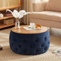 Premium Tufted Round Ottoman Coffee Table with Wooden Top – Modern Living Room Centerpiece