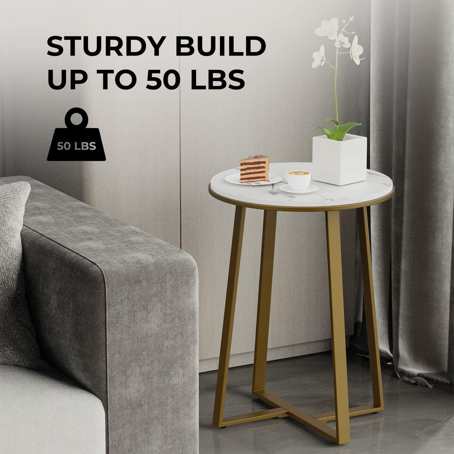 Modern Round Faux Marble Side Table with Gold Metal Frame – Luxury Sofa End Table for Living Room