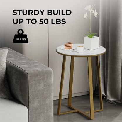 Modern Round Faux Marble Side Table with Gold Metal Frame – Luxury Sofa End Table for Living Room