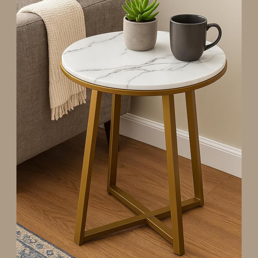 Modern Round Faux Marble Side Table with Gold Metal Frame – Luxury Sofa End Table for Living Room