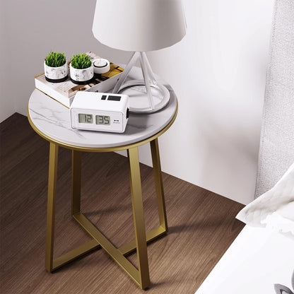 Modern Round Faux Marble Side Table with Gold Metal Frame – Luxury Sofa End Table for Living Room