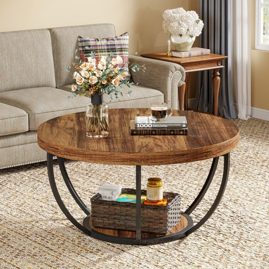 Round Coffee Table, Modern Coffee Table for Living Room, Tea, Coffee Tables Wooden Tabletop,Center Table,Durable Wood Faux Marble Top, Office Use- Black