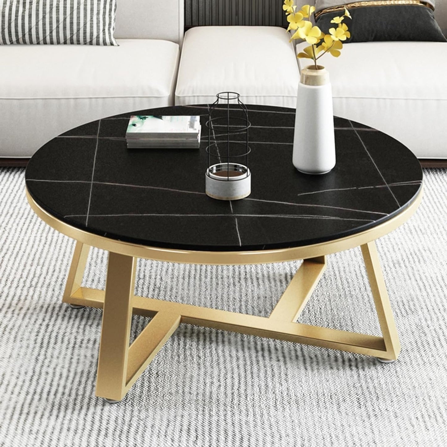 Modern Round Coffee Table with Black Faux Marble Top & Gold Metal Frame – Luxury Living Room Center Table
