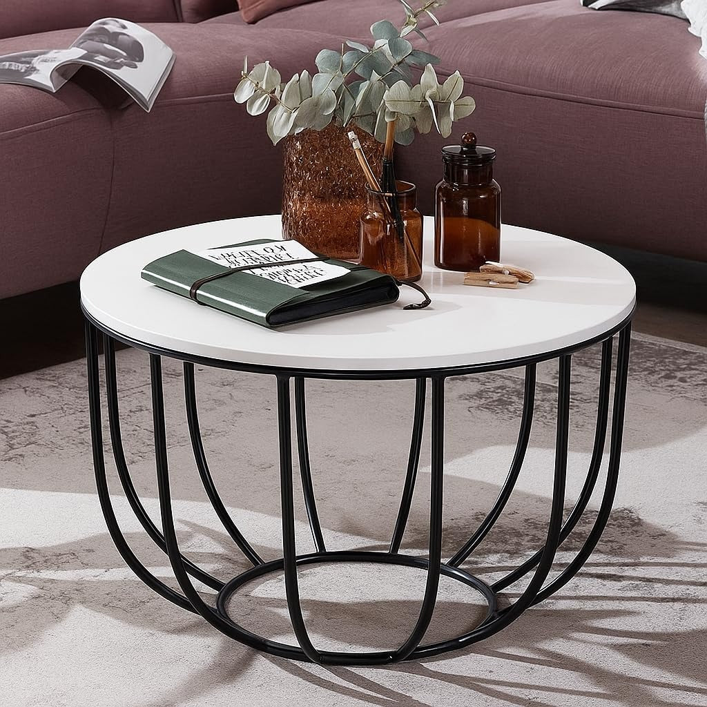 Iron Round Coffee Table with MDF Texture White Top
