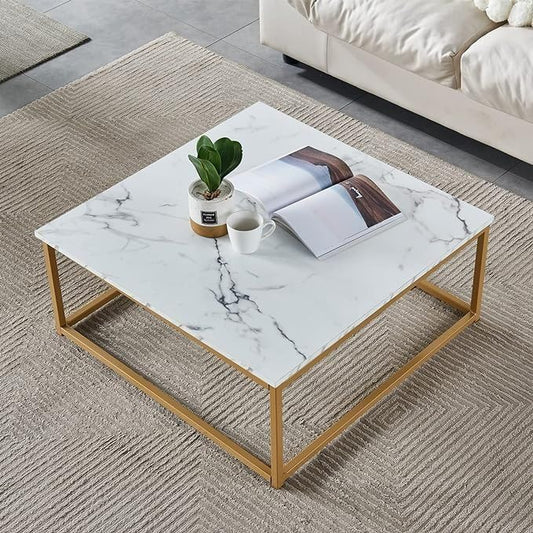 Modern Square Marble Coffee Table with Sturdy Metal Frame – Contemporary Living Room Center Table for Sofa, Couch & Lounge – Elegant White Faux Marble Top, Easy to Clean (Golden & White)
