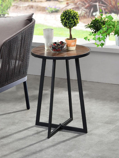 Modern Round Wooden Side Table with Black Metal Legs | Small Coffee Table for Living Room & Bedroom