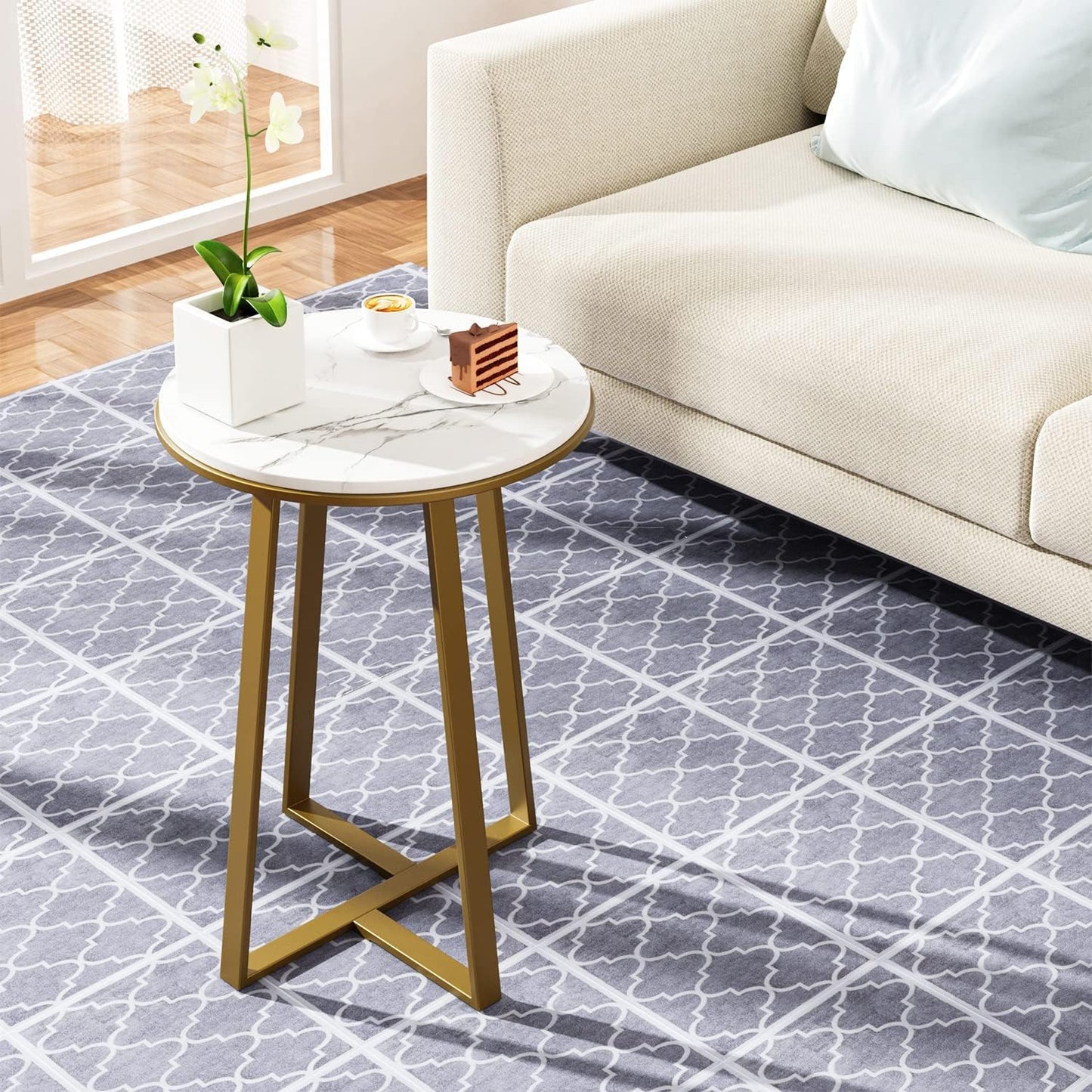 Modern Round Faux Marble Side Table with Gold Metal Frame – Luxury Sofa End Table for Living Room