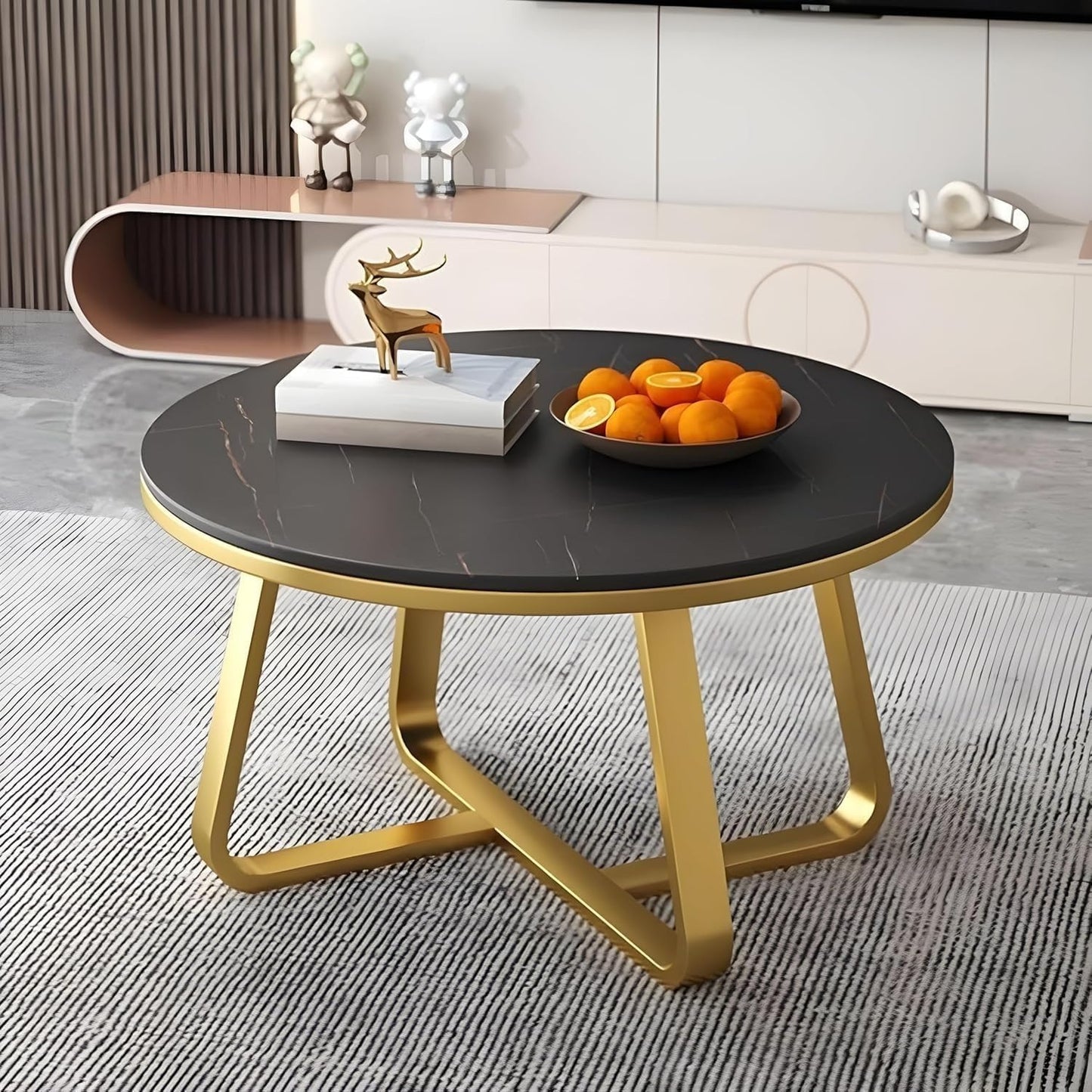 Modern Round Coffee Table with Black Faux Marble Top & Gold Metal Frame – Luxury Living Room Center Table