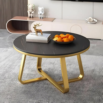 Modern Round Coffee Table with Black Faux Marble Top & Gold Metal Frame – Luxury Living Room Center Table