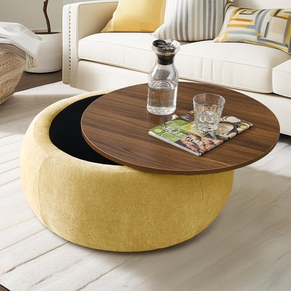 Modern Round Storage Coffee Table with Wooden Top – Upholstered Ottoman Center Table