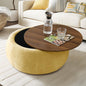 Modern Round Storage Coffee Table with Wooden Top – Upholstered Ottoman Center Table