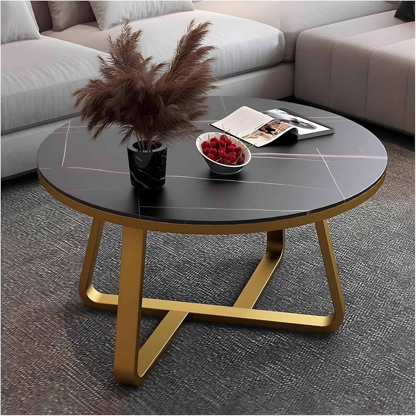 Modern Round Coffee Table with Black Faux Marble Top & Gold Metal Frame – Luxury Living Room Center Table