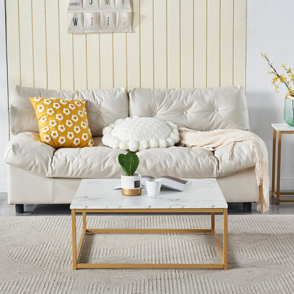 Modern Square Marble Coffee Table with Sturdy Metal Frame – Contemporary Living Room Center Table for Sofa, Couch & Lounge – Elegant White Faux Marble Top, Easy to Clean (Golden & White)