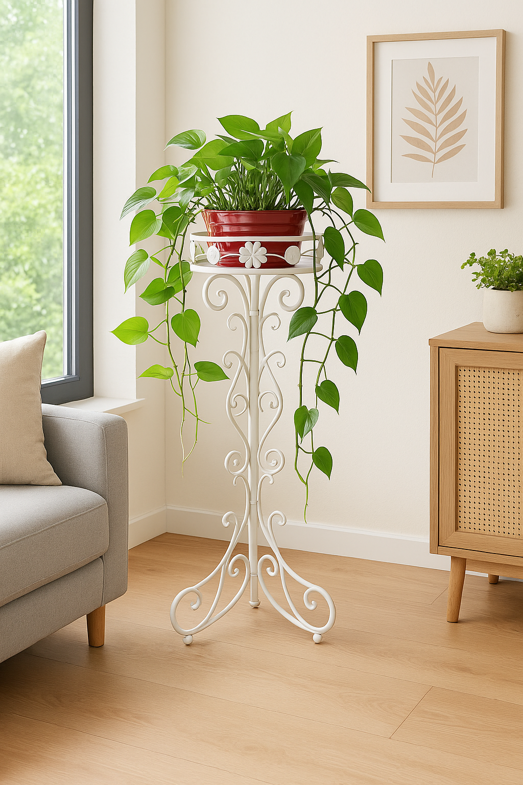 Elegant White Metal Plant Stand with Decorative Scrollwork – Perfect for Indoor Décor
