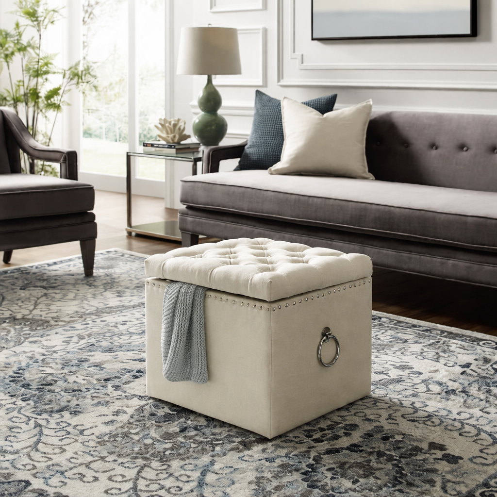 Luxury Tufted Storage Ottoman Stool with Cushion Seat ,Upholstered Multipurpose Ottoman for Living Room & Bedroom
