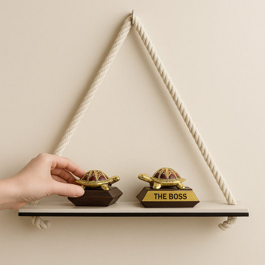 Hand reaching for a decorative turtle figurine on a shelf with a neutral background