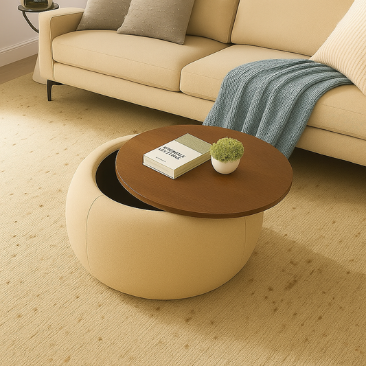 Modern Round Storage Coffee Table with Wooden Top – Upholstered Ottoman Center Table