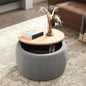 Modern Round Storage Coffee Table with Wooden Top – Upholstered Ottoman Center Table