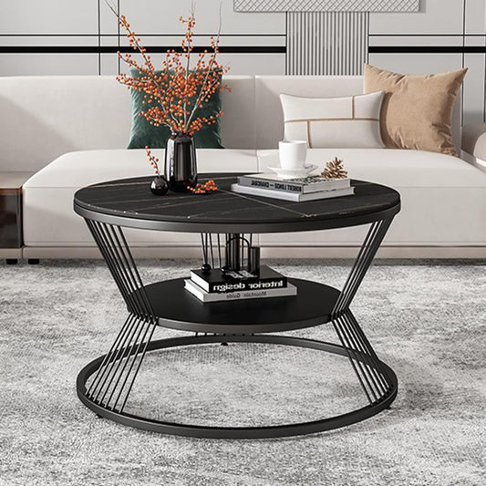 Luxury Black Faux Marble Round Coffee Table with Golden Metal Base – Modern Living Room Center Table