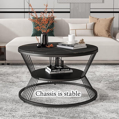Luxury Black Faux Marble Round Coffee Table with Golden Metal Base – Modern Living Room Center Table