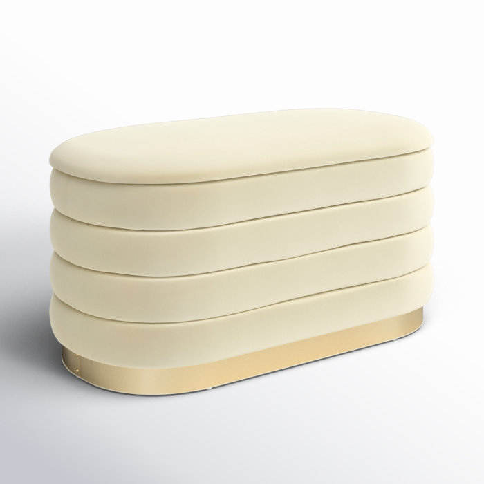 Modern Storage Ottoman  Cream Fabric Vanity Bench with Gold Strips for Bedroom & Living Rooms