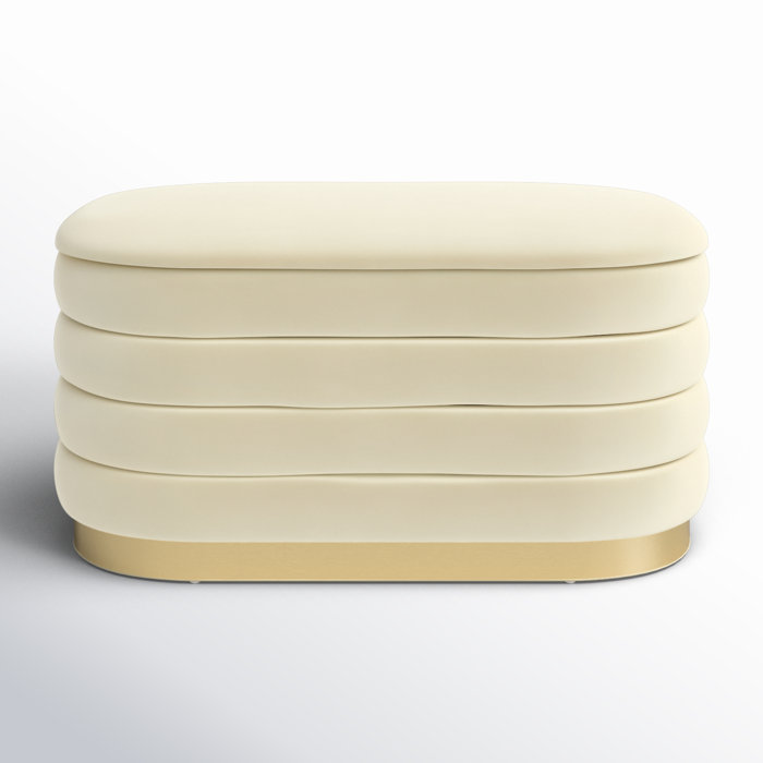 Modern Storage Ottoman  Cream Fabric Vanity Bench with Gold Strips for Bedroom & Living Rooms