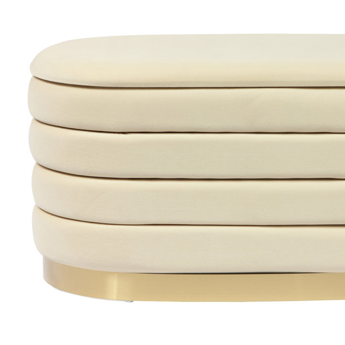 Modern Storage Ottoman  Cream Fabric Vanity Bench with Gold Strips for Bedroom & Living Rooms