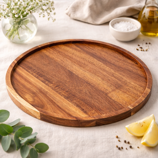Round Acacia Wood Serving Tray | Handmade Wooden Platter for Snacks, Tea & Décor