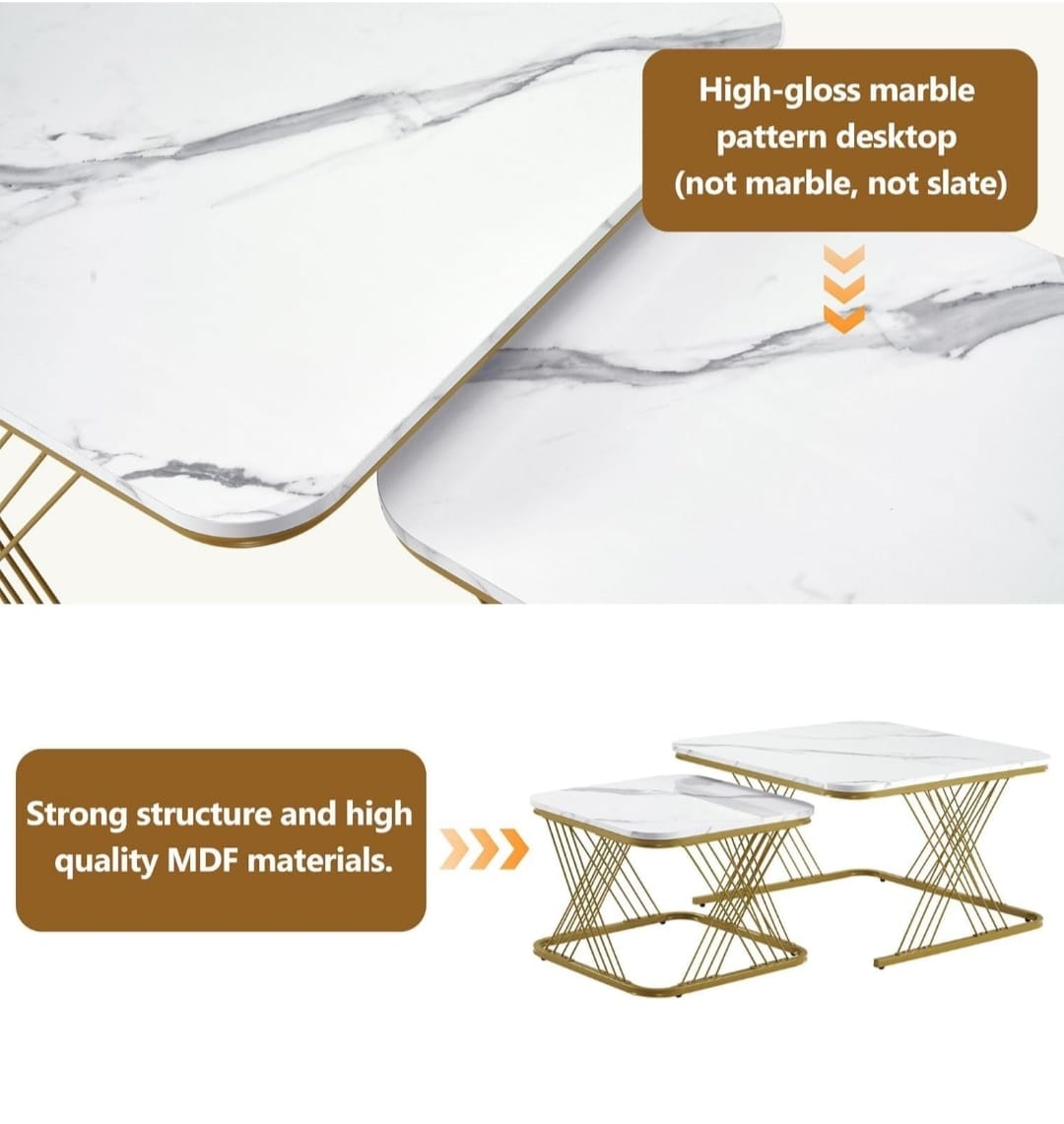 Luxury Faux Marble Nesting Coffee Table Set with Golden Metal Base – Modern Living Room Center & Side Table Combo