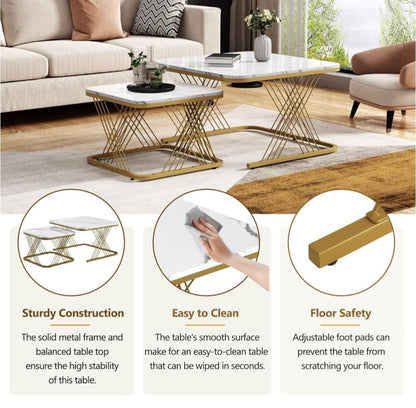 Luxury Faux Marble Nesting Coffee Table Set with Golden Metal Base – Modern Living Room Center & Side Table Combo