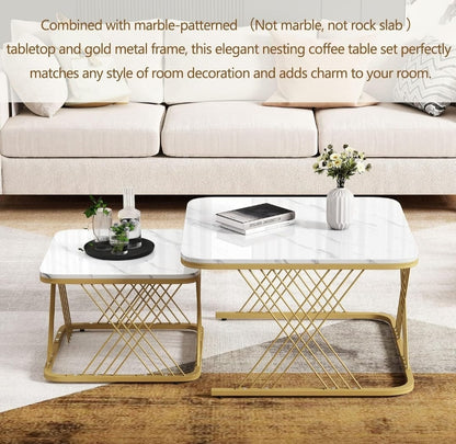 Luxury Faux Marble Nesting Coffee Table Set with Golden Metal Base – Modern Living Room Center & Side Table Combo