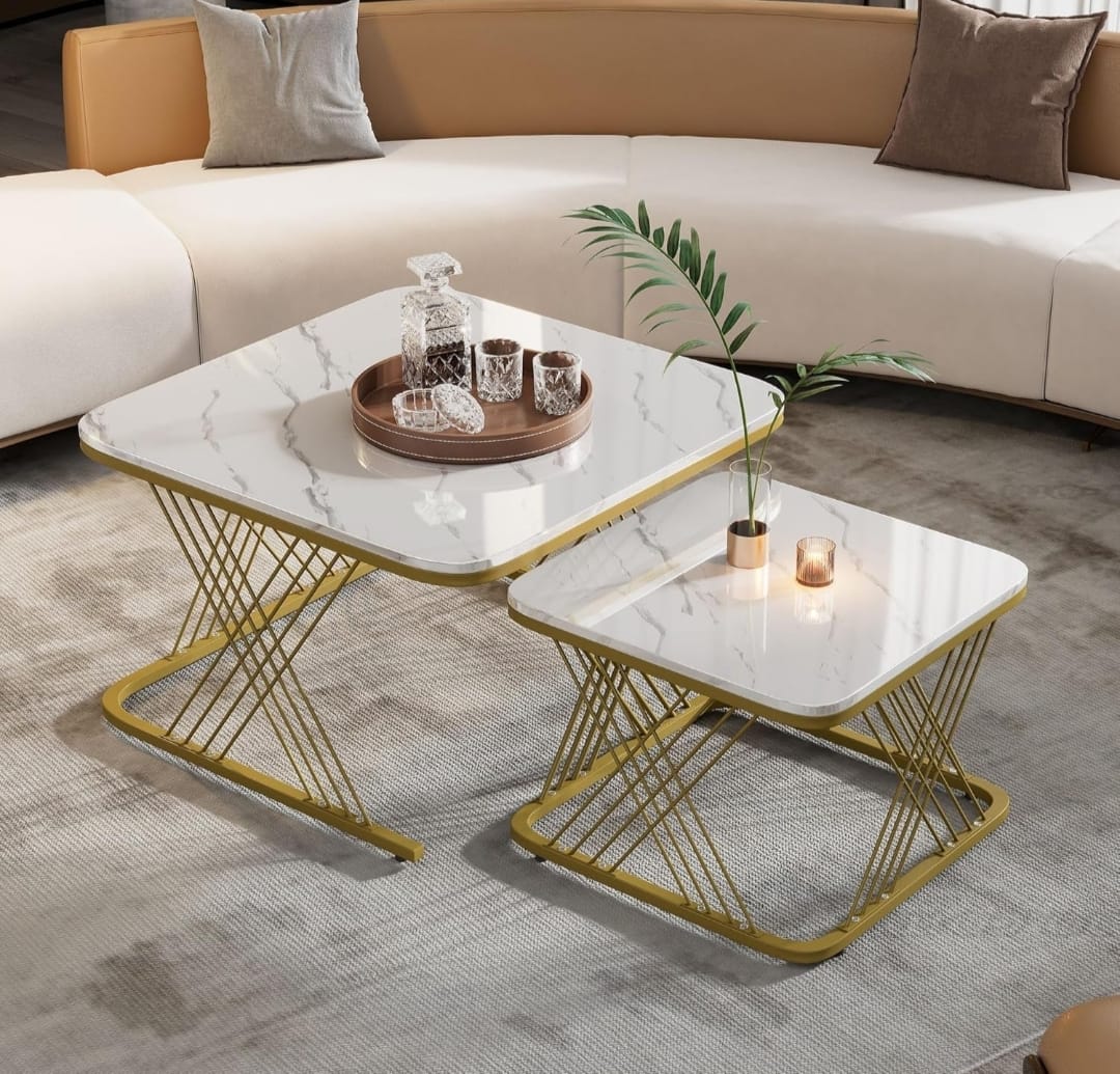 Luxury Faux Marble Nesting Coffee Table Set with Golden Metal Base – Modern Living Room Center & Side Table Combo