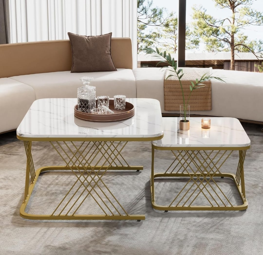 Luxury Faux Marble Nesting Coffee Table Set with Golden Metal Base – Modern Living Room Center & Side Table Combo