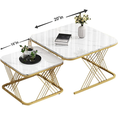 Luxury Faux Marble Nesting Coffee Table Set with Golden Metal Base – Modern Living Room Center & Side Table Combo