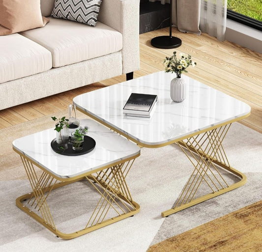 Luxury Faux Marble Nesting Coffee Table Set with Golden Metal Base – Modern Living Room Center & Side Table Combo