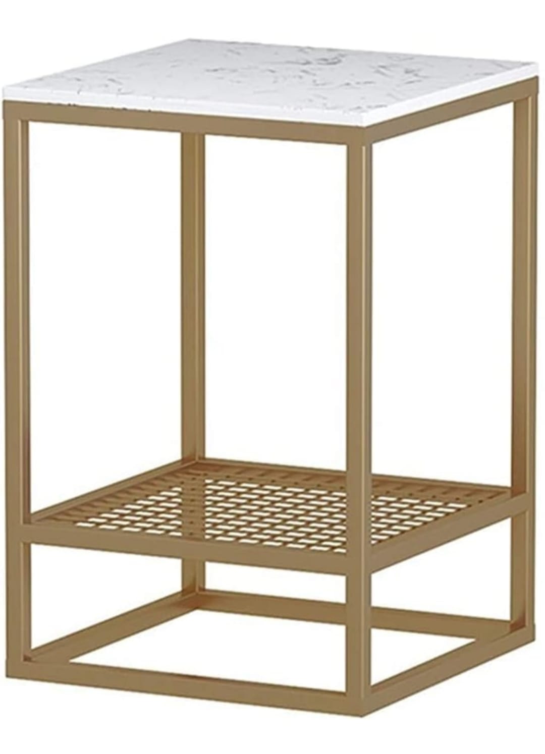 Modern Gold Metal Side Table with White Faux Marble Finish Top & Storage Shelf – Living Room Accent Furniture