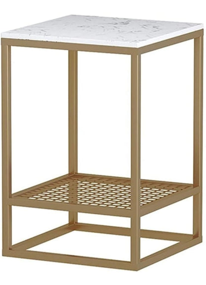 Modern Gold Metal Side Table with White Faux Marble Finish Top & Storage Shelf – Living Room Accent Furniture