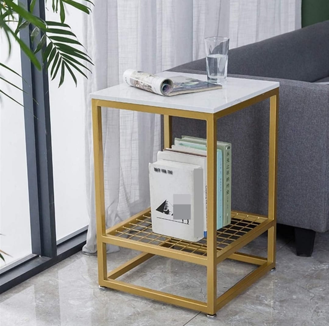 Modern Gold Metal Side Table with White Faux Marble Finish Top & Storage Shelf – Living Room Accent Furniture