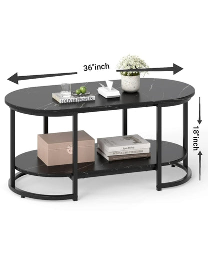 Luxury Oval Coffee Table with Golden Metal Frame & Wooden Finish | Dual-Layer Storage | Modern Center Table for Living Room