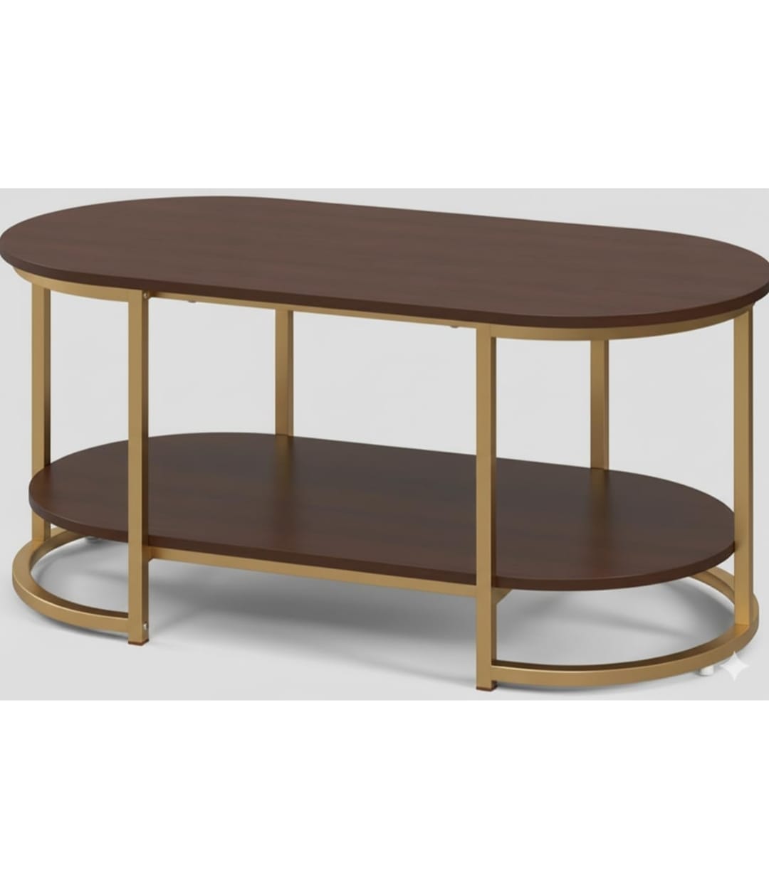 Luxury Oval Coffee Table with Golden Metal Frame & Wooden Finish | Dual-Layer Storage | Modern Center Table for Living Room