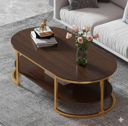 Luxury Oval Coffee Table with Golden Metal Frame & Wooden Finish | Dual-Layer Storage | Modern Center Table for Living Room