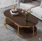 Luxury Oval Coffee Table with Golden Metal Frame & Wooden Finish | Dual-Layer Storage | Modern Center Table for Living Room