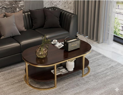 Luxury Oval Coffee Table with Golden Metal Frame & Wooden Finish | Dual-Layer Storage | Modern Center Table for Living Room