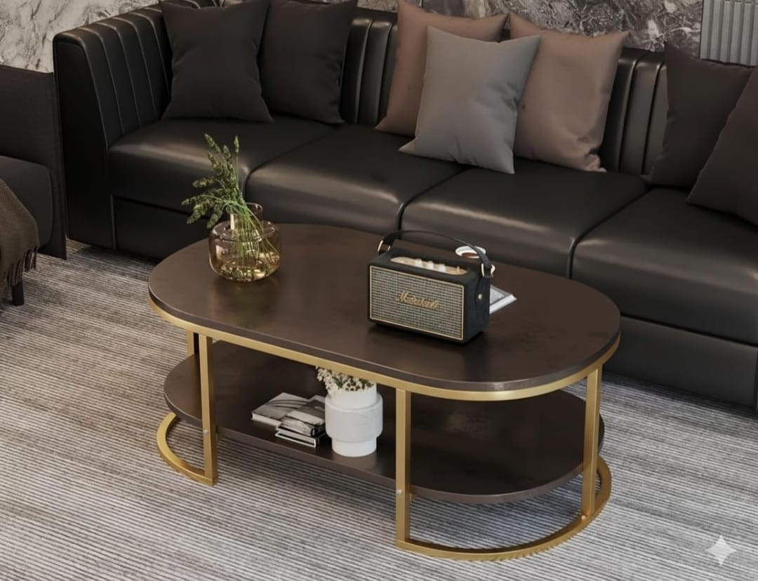 Luxury Oval Coffee Table with Golden Metal Frame & Wooden Finish | Dual-Layer Storage | Modern Center Table for Living Room